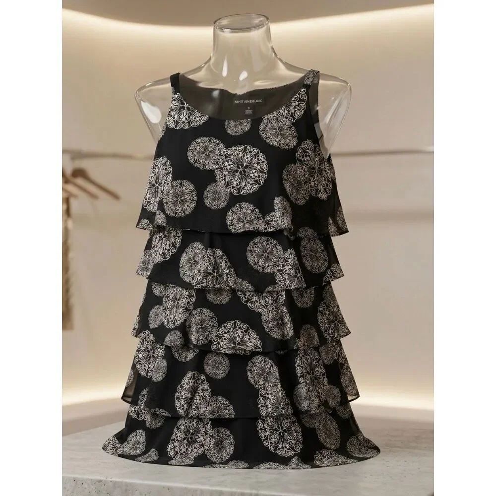 Robbie Bee Signature Tiered Chiffon Mandala Print Dress Black White Size 12